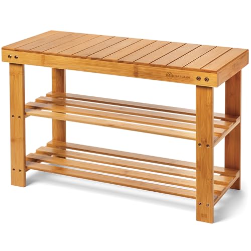 Leaf & Grain Bamboo Shoe Rack - Shoe Storage Bench for Front Door Entrance - Entryway Bench with Shoe Shelf, Shoe Storage Organizer, Wooden Shoe Rack, Durable Shoe Bench for Home (Natural) Leaf & Grain
