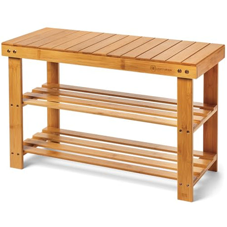 Leaf & Grain Bamboo Shoe Rack - Shoe Storage Bench for Front Door Entrance - Entryway Bench with Shoe Shelf, Shoe Storage Organizer, Wooden Shoe Rack, Durable Shoe Bench for Home (Natural) Leaf & Grain