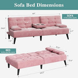 Meilocar Futon Sofa Bed, Modern Convertible Sofa Couch Recliner, 64 in Adjustable Sofa Bed for Living Room, Removable Armrest Pillow, 2 Cup Holders, 3 Angles Back, 5.3FT, Pink Meilocar