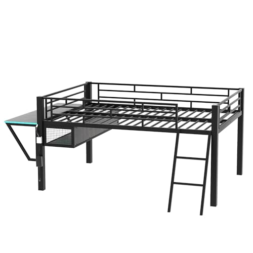 Urunqi Full Size Metal Loft Bed with Integrated Gaming Desk and Storage Solutions for Kids and Teens - WoodArtSupply