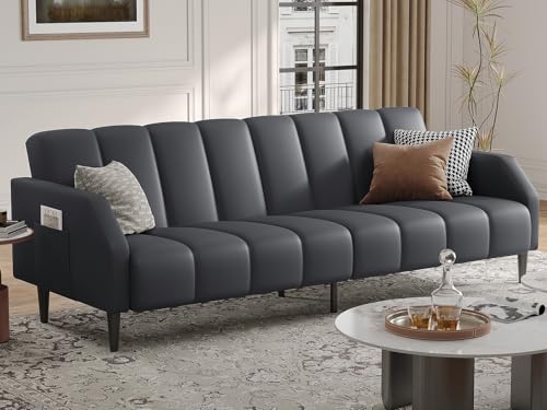 Fadware Faux Leather Couch, Convertible Futon Sofa Bed with Adjustable Backrest, Mid Century Leather Sofa Loveseat with Side Pockets& Metal Leg, Modern Leather Sleeper Sofa for Living Room Bedroom Fadware