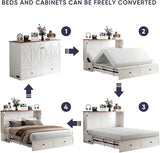 ijuicy Full Size Murphy Bed with Mattress & Extra Large Drawers, Multifunctional Cabinet Bed with USB Charging Station, Farmhouse Murphy Beds Chest for Home (Mattress Included, White & Brown) ijuicy