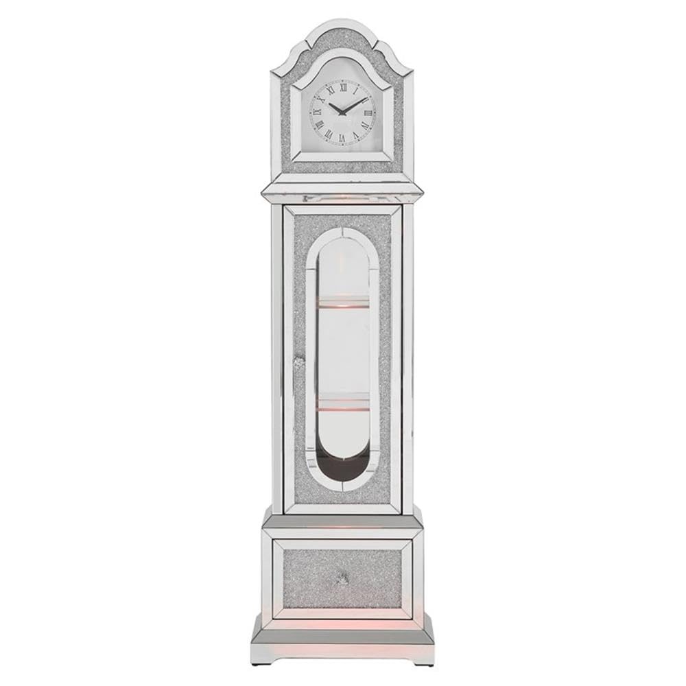 Acme Noralie Wood Frame Grandfather Clock with LED in Mirrored and Faux Diamonds Acme
