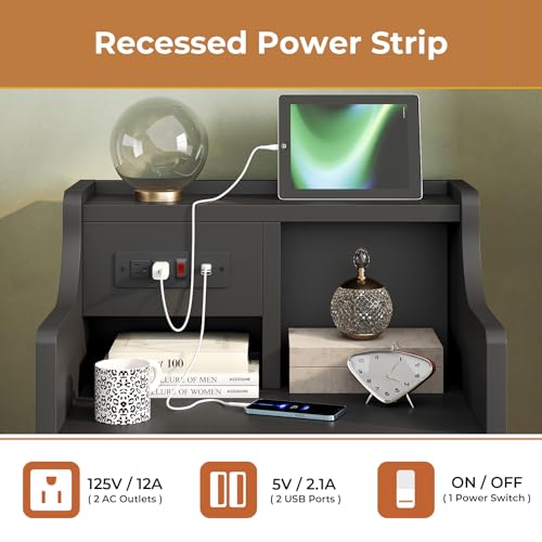 Tiptiper Black Nightstand with Charging Station 3 Drawers, Wood Sofa End Side Table with USB Ports and Outlet, Bedside Table Bedroom Nightstand with Sliding Drawer & Hutch Tiptiper