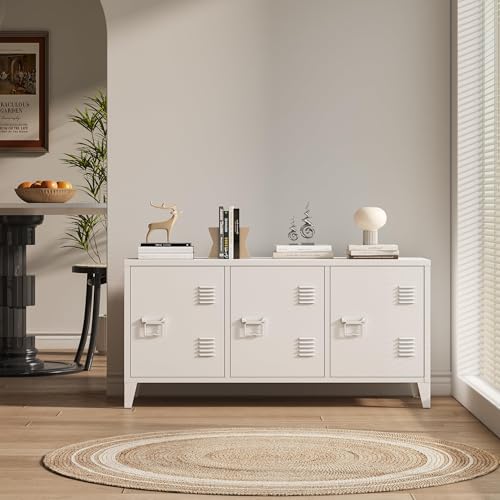 MIOCASA Metal Cabinet with Doors and Shelf,Industrial Steel Storage Cabinet TV Stand, 2 Tier Low Locker TV Cabinet for Home and Office White Size: 44.49W×15.75D×22.83H MIOCASA