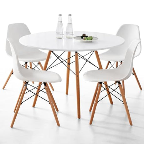 Lecafur HL 5-Piece Round Dining Table Set, Small 35.5" Kitchen Table Chairs Set of 4 Space Saving Furniture, Plastic Seats, Solid Wood Legs, for Living Room Apartment Office Home, White Lecafur HL