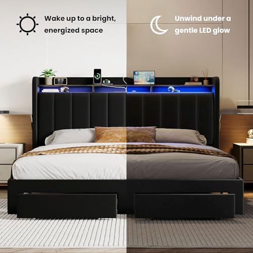 SHA CERLIN Velvet King Size Bed Frame with Vertical Channel Tufted Wingback Headboard & 2 Storage Drawers/2-Tier Shelves with LED Lights & Charging Station/Noise-Free/No Box Spring Needed/Black SHA CERLIN