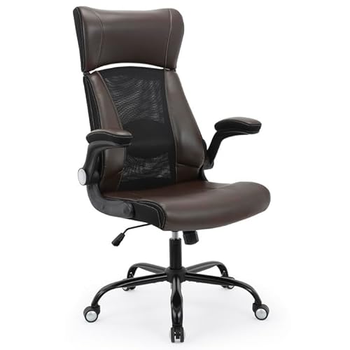 Clearance Executive Office Chair, Ergonomic Leather Desk Chair - Widened Adjustable Headrest with Flip-Up Arms, High Back Computer Swivel Task Chair with Lumbar Support, Brown ZLHECTO
