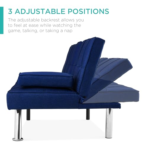 Best Choice Products Linen Modern Folding Futon, Reclining Sofa Bed for Apartment, Dorm w/Removable Armrests, 2 Cupholders - Dark Blue Best Choice Products