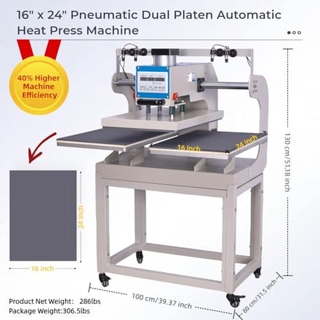 16x24 Commercial Pneumatic Sliding Auto Heat Press with 4 Magnetic Positioning, 2kw, 284lbs, Dual Platen Design,Auto Upsliding Heat Press for T-Shirts, Sublimation Printing, (4 Positioning) Eonvest