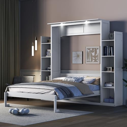 HABITRIO Queen Size Murphy Bed, Wooden Queen Murphy Bed Wall Bed with LED Lights and Shelves, White HABITRIO