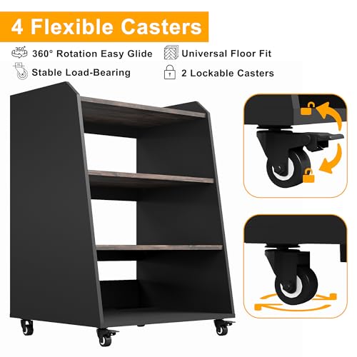 Rresyet 22.1" 4-Tier AV Media Stand with Wheels, Wooden Record Player Stand with LED Lights，Stereo Rack and Game Console Stand for Music Room, Living Room Rresyet