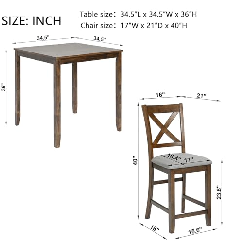 Trygoal Dining Table Set for 4, Modern 5 Piece Dining Room Table Set with Square Table & 4 X-Shaped Backrest Upholstered Chairs, Counter Height Kitchen Chairs Set for Small Space, Walnut Trygoal