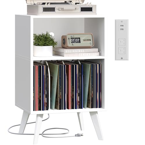 Yzosvki Record Player Stand, 3-Tier Side End Table with Charging Station, Turntable Stand Up to 160 Albums, Vinyl Storage Cabinet Dispaly Shelf for Living Room, Classic White Yzosvki