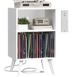 Yzosvki Record Player Stand, 3-Tier Side End Table with Charging Station, Turntable Stand Up to 160 Albums, Vinyl Storage Cabinet Dispaly Shelf for Living Room, Classic White Yzosvki