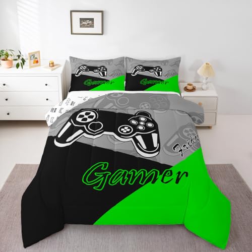 Feelyou Gamer Comforter Set Gaming Bedding Set for Teens Boys Video Game Decor Comforter Game Controller Quilted Duvet Set 1 Comforter with 2 Pillowcases Full Green Feelyou