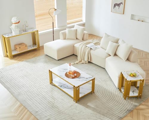 Goderfuu 48.8" White Faux Marble Console Table for Living Room, 2-Tier Rectangular Marble Sofa Table with Gold Metal Frame, Mid Century Modern Console Table Hallway Entryway Table, Gold Console Table Goderfuu