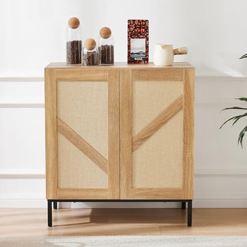 Mericonia Buffet Cabinet with Storage, Sideboards 2 Doors with Metal Base and Adjustable Shelf for Kitchen, Coffee Bar, Entryway, Hallway,Living Room (Rattan Buffet Cabinet, Natural) Mericonia
