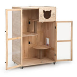 COZIWOW Large Wooden Cat House with Scratching Posts, Multi-Level Indoor Cat Enclosure with Acrylic Doors, Ventilation Holes, and Wheels (Natrual Wood) COZIWOW
