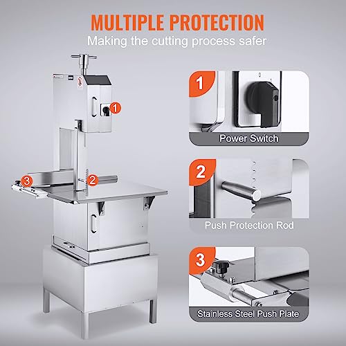 VEVOR Commercial Electric Meat Bandsaw, 2200W Stainless Steel Vertical Bone Sawing Machine, Workbeach 24.4" x 20.5", 0.16-8.7 Inch Cutting Thickness, Frozen Meat Cutter with 6 Blades for Rib Pork Beef VEVOR