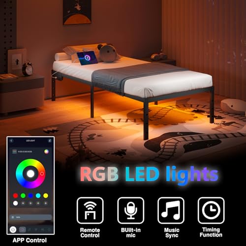 HAVONIZD Twin Size Bed Frame with LED Lights & Charging Station - 18 Inch Heavy Duty Metal Platform Bed Frame No Box Spring Needed, Easy Assembly, No Noise HAVONIZD