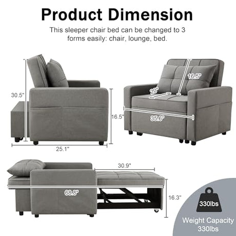 Yosonch Sofa Bed Chair Convertible ，Sleeper Sofa with Pull-Out Bed ，3-in-1 Futon Couch with Reclining Backrest and Side Pocket (Dark Grey, 35.6‘) Yosonch