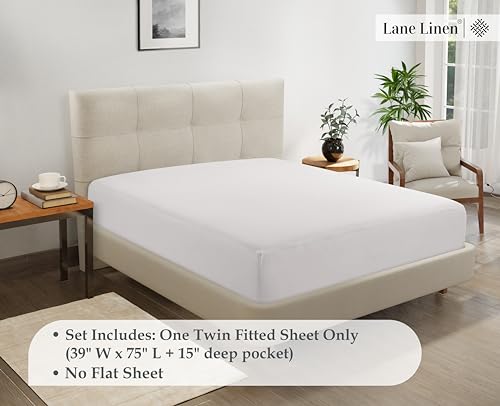 Twin Fitted Sheet Only - Classic Jersey Knit, 4 Way Elastic Stretch - 15" Deep Pocket Fitted Bottom Sheet Only - Ultra Soft, Easy Care & Stays Secure All Night - Hotel Inspired Home Sleep - White LANE LINEN