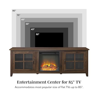 Walker Edison Bern Classic 2 Glass Door Fireplace TV Stand for TVs up to 80 Inches, 70 Inch, Grey Wash