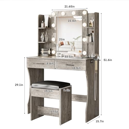 Vabches Vanity Desk with Mirror and Lights,Makeup Vanity Table with Charging Station,2 Drawer Bedroom Dressing Table with 3 Colors Modes Dimming & Cushioned Stool,Light Rustic Oak Vabches