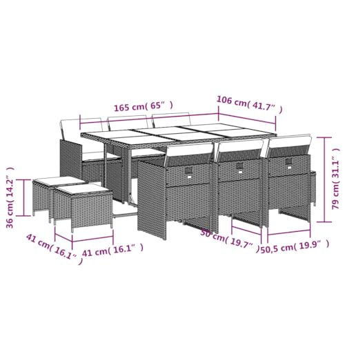 vidaXL 11 Piece Patio Dining Set with Cushions - Gray PE Rattan, Acacia Wood Tabletop, Foldable Chairs, and Stools - Ideal for Outdoor, Garden, and Patio - WoodArtSupply