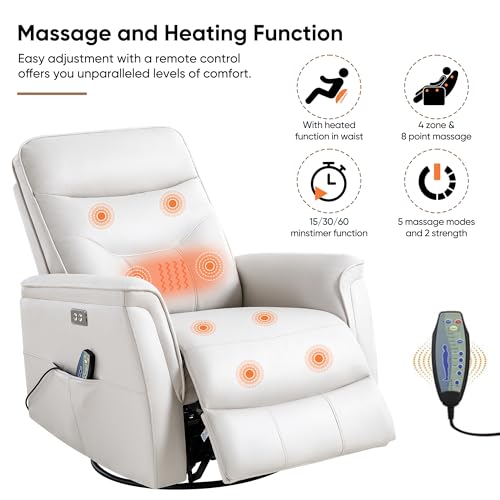 choairy Recliner Chair for Adults, Power Faux Leather Rocker Recliner Massage and Heat, Oversized Swivel Reclining Nursery Chair with USB Ports for Living Room, Office Beige