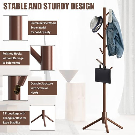Haddockway Wooden Coat Rack Stand with 8 Hooks New Zealand Pine 3 Adjustable Coat Standing Tree Easy Assembly for Coats, Hats, Scarves and Handbags for Entryway, Hallway, Bedroom, Office Haddockway