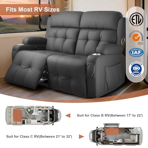Tiooii RV Loveseat Recliner Sofa, Massage Wall Hugger Recliners Couch with USB Port, Side Pockets, Cup Holders, 150° Reclining Sleeper, for RV Furniture & RV Camper & Home Theater Seating