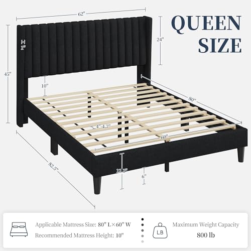 Yaheetech Queen Bed Frame Upholstered Platform Bed with Fabric Headboard, Wing Edge Design/Non-Slip and Noise-Free/Wooden Slats Support/No Box Spring Needed/Easy Assembly, Black Queen Bed Yaheetech