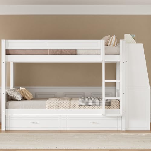 CKLMMC Full Size Multifunctional Bunk Bed with Desk and Bookshelves, Trundle, Space-Saving Wooden Bunk Bed for Kids & Teens (White/T) CKLMMC