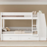 CKLMMC Full Size Multifunctional Bunk Bed with Desk and Bookshelves, Trundle, Space-Saving Wooden Bunk Bed for Kids & Teens (White/T) CKLMMC
