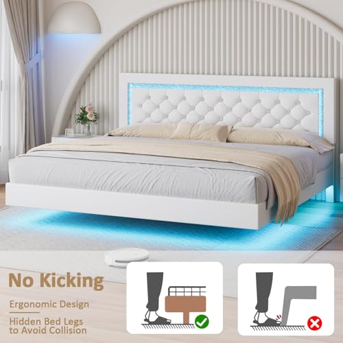 BarnFurin Floating Bed Frame with LED Lights, Upholstered Platform Bed with Diamond Tufted Headboard (White, King) BarnFurin