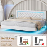 BarnFurin Floating Bed Frame with LED Lights, Upholstered Platform Bed with Diamond Tufted Headboard (White, King) BarnFurin