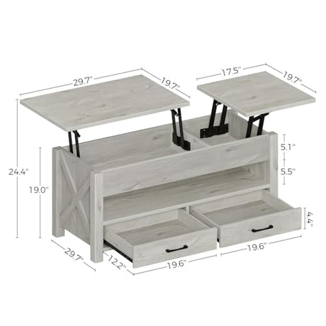 Seventable Coffee Table, 47.2" Lift Top Coffee Table with 2 Storage Drawers and Hidden Compartment, Retro Center Table with Wooden Lift Tabletop for Living Room, Gray Seventable