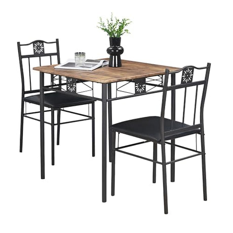 VECELO 3-Piece Small Kitchen Dining Table Set for 2, PU Padded Chairs, Retro Brown VECELO
