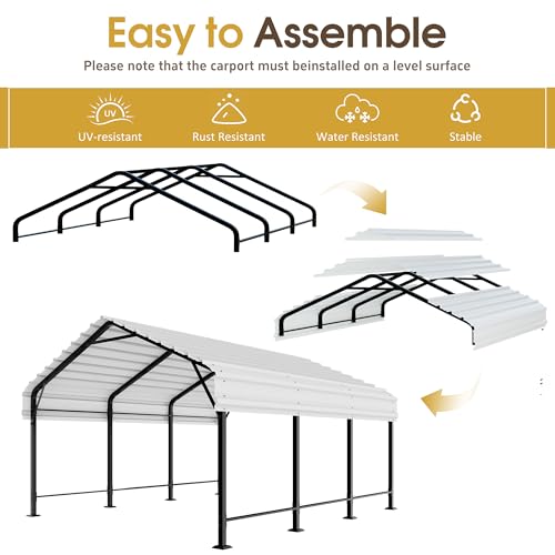 JAMFLY Carport, 12X15 FT Metal Carport, Heavy Duty Carport Canopy with Galvanized Steel Roof and Frame, Metal Car Garage Upgraded Extra Large Garage for Pickup, Boat, Car and Tractors, White JAMFLY