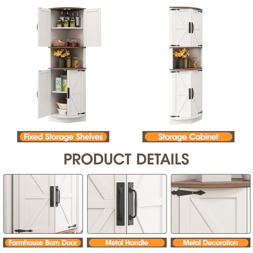 Vabches 64.8" Tall Farmhouse Corner Cabinet with 4 Doors and 5 Storage Shelves, Farmhouse Storage Cabinet with Barn Door Design, Home Space Saver for Living Room, Kitchen, Laundry Room,White Vabches