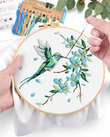 ERKOON Embroidery Kit for Beginners, Hummingbird and Flower Cross Stitch Set for Include Embroidery Cloth Hoops Threads for Craft Lover Hand Stitch with Embroidery Skill Techniques (Green Hummingbird)
