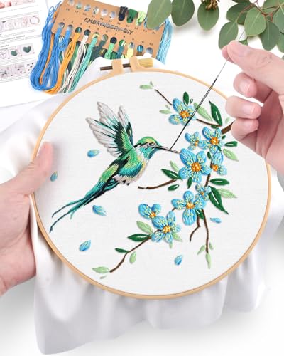 ERKOON Embroidery Kit for Beginners, Hummingbird and Flower Cross Stitch Set for Include Embroidery Cloth Hoops Threads for Craft Lover Hand Stitch with Embroidery Skill Techniques (Green Hummingbird) ERKOON