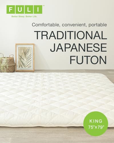 FULI Japanese Futon, King Size, White - Foldable Shikibuton Floor Bed - Medium Firm Quilted Cotton Sleeping Pad, Portable Roll-Up Japanese Floor Bed for Guests & Small Spaces FULI