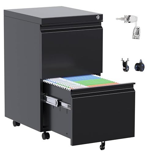 Aobabo Metal 2 Drawer Mobile File Cabinet with Lock, Under Desk Office Steel Filing Cabinet, 25.6''H Legal/Letter Size Files Storage Cabinet,Black,Fully Assembled Aobabo