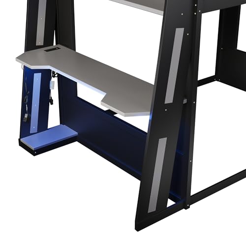 MERITLINE Queen Size Gaming Bunk Bed with Built-in Desk, RGB LED Lights & USB Port, Cable Management System & PC Tower Space, Overhead Storage Shelves, Full-Length Guardrails, Black+Grey MERITLINE