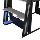 MERITLINE Queen Size Gaming Bunk Bed with Built-in Desk, RGB LED Lights & USB Port, Cable Management System & PC Tower Space, Overhead Storage Shelves, Full-Length Guardrails, Black+Grey MERITLINE