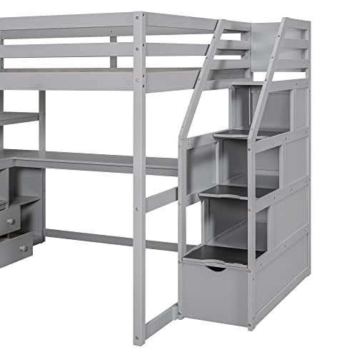 Harper & Bright Designs Grey Full Size Loft Bed with Desk, Storage Stairs, and Shelves - WoodArtSupply