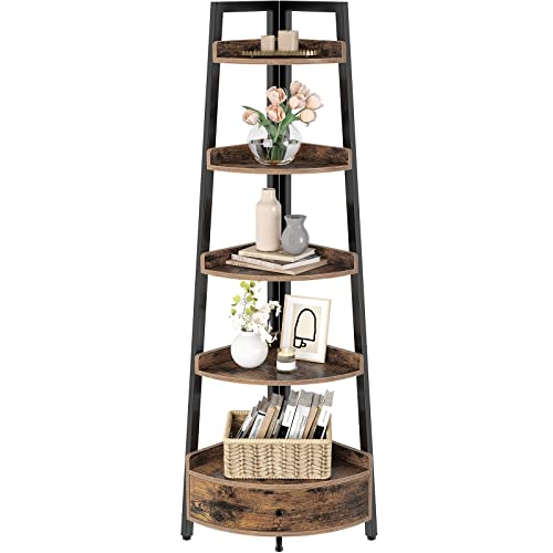 Seventable Rustic Brown 5-Tier Corner Shelf with Drawer – Versatile Storage Solution for Home and Office - WoodArtSupply